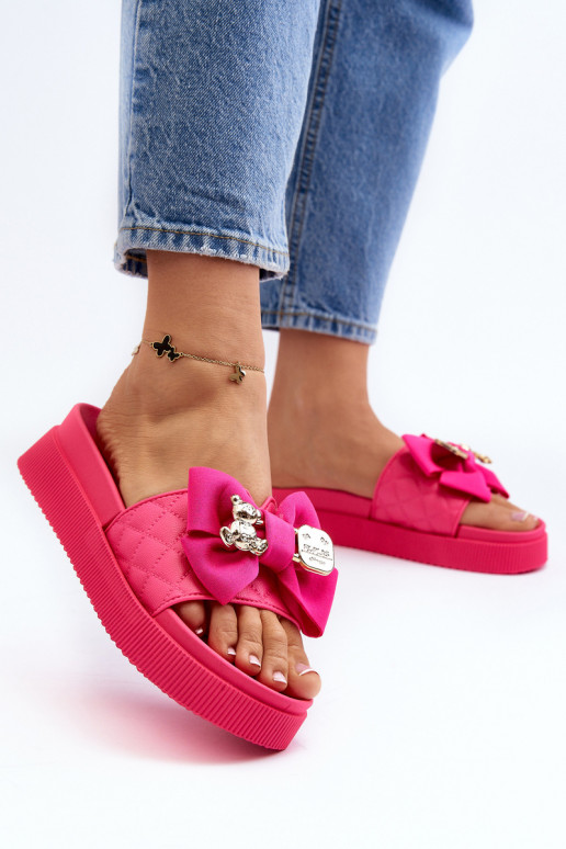Chaussons femme avec nœud et ours fuchsia Katterina