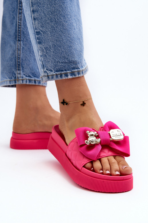 Chaussons femme avec nœud et ours fuchsia Katterina