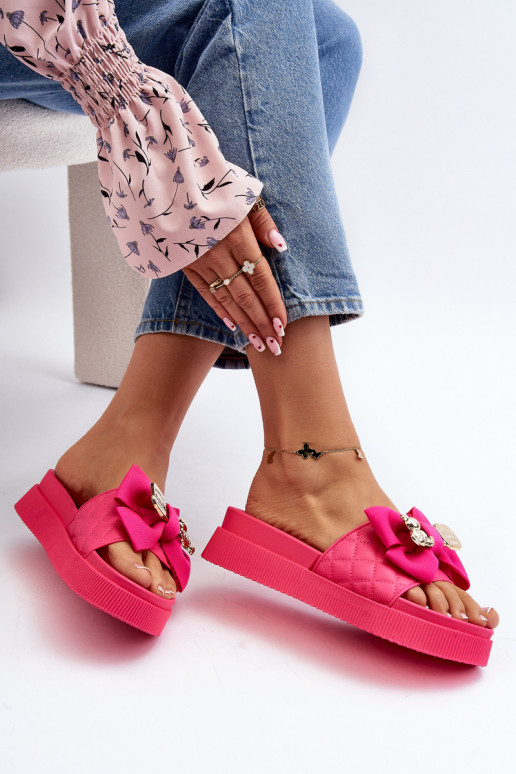 Chaussons femme avec nœud et ours fuchsia Katterina