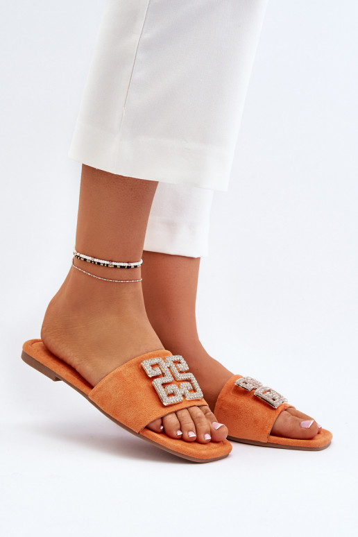 Chaussons pour femmes à talons larges avec ornements de couleur orange Inaile