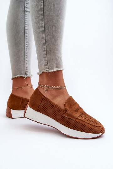 Mocassins pour femmes à semelle plaquée or en éco-daim de couleur marron Inesqua 2