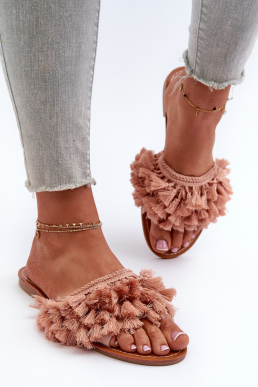 pieds plats Chaussons femme à franges rose Rialle pieds plats Chaussons femme à franges rose Rialle