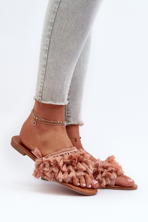 pieds plats Chaussons femme à franges rose Rialle pieds plats Chaussons femme à franges rose Rialle