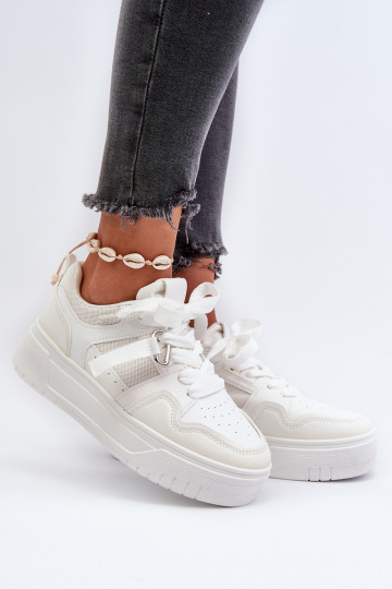 Chaussures modèle baskets avec plateforme en cuir écologique de couleur blanche Moun 2