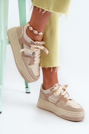 Chaussures modèle baskets avec plateforme en cuir écologique beige Moun 2
