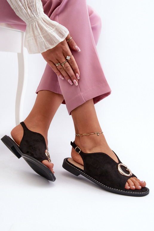 Sandales pour femmes de style élégant avec ornements en suède écologique S.Barski KV27-058 couleur noire