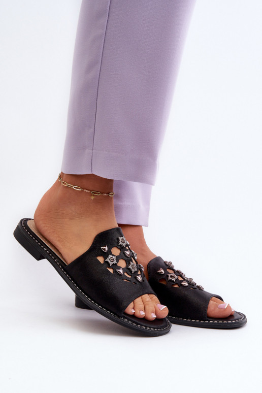 avec brillance Sandales pour femmes avec de beaux détails S.Barski KV27-063 couleur noir