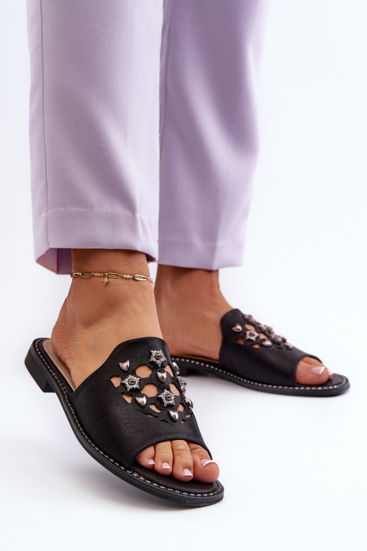 avec brillance Sandales pour femmes avec de beaux détails S.Barski KV27-063 couleur noir avec brillance Sandales pour femmes avec de beaux détails S.Barski KV27-063 couleur noir