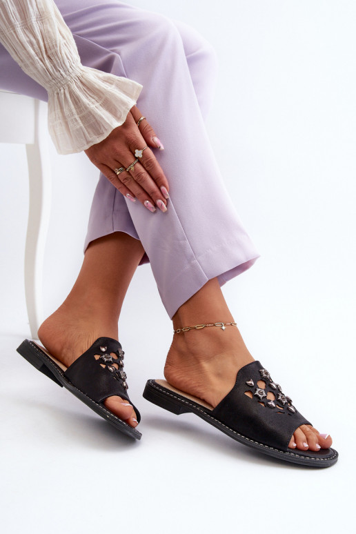 avec brillance Sandales pour femmes avec de beaux détails S.Barski KV27-063 couleur noir avec brillance Sandales pour femmes avec de beaux détails S.Barski KV27-063 couleur noir