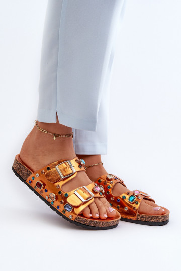 Chaussons femme décorés avec boucles S.Barski MY121 couleur orange