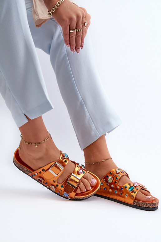 Chaussons femme décorés avec boucles S.Barski MY121 couleur orange