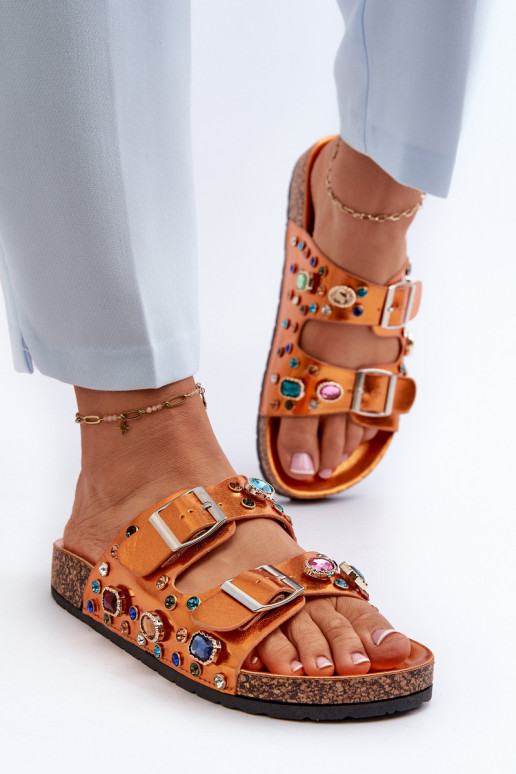 Chaussons femme décorés avec boucles S.Barski MY121 couleur orange