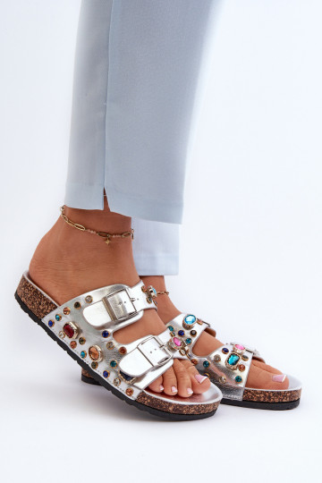 Chaussons pour femmes décorés avec boucles S.Barski MY121 couleur argent