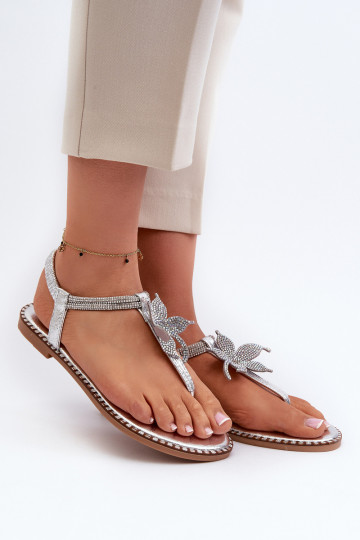 Sandales plates pour femmes avec fleurs de couleur argent Edoni