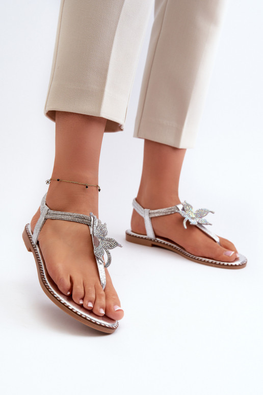 Sandales plates pour femmes avec fleurs de couleur argent Edoni