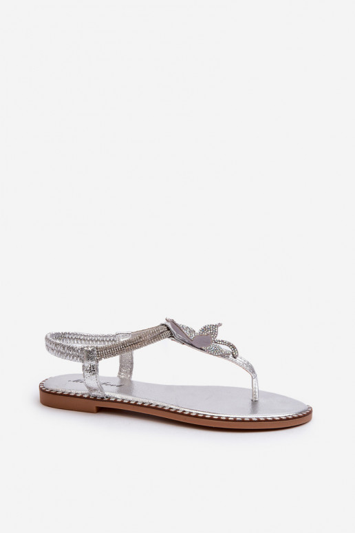 Sandales plates pour femmes avec fleurs de couleur argent Edoni