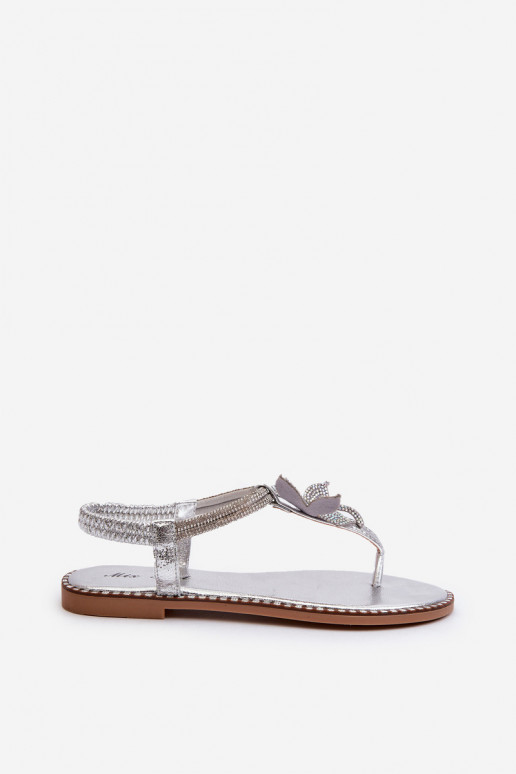 Sandales plates pour femmes avec fleurs de couleur argent Edoni
