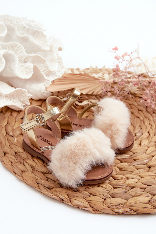 Sandales pour enfants avec attaches adhésives avec fourrure, couleur or Rosavere