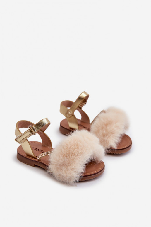 Sandales pour enfants avec attaches adhésives avec fourrure, couleur or Rosavere