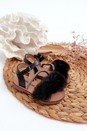 sandales Enfants avec attaches adhésives avec fourrure couleur noir Rosavere