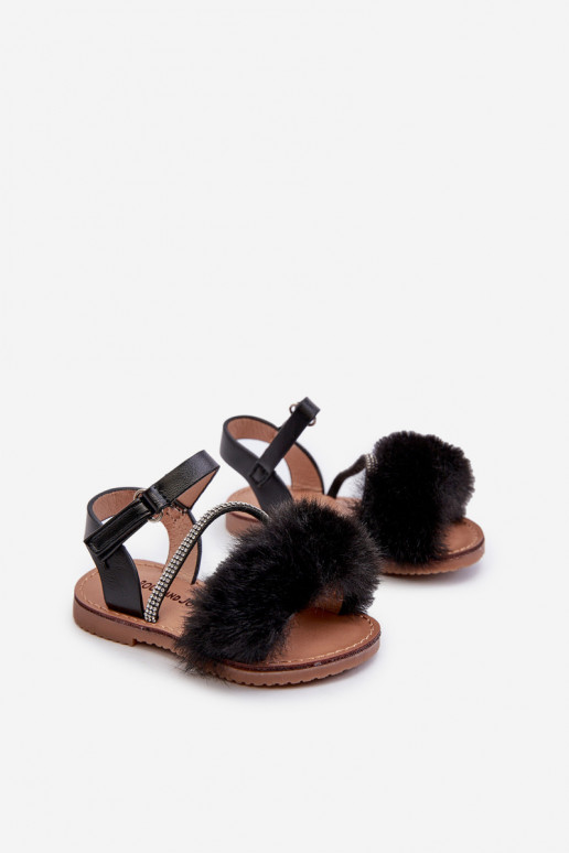 sandales Enfants avec attaches adhésives avec fourrure couleur noir Rosavere