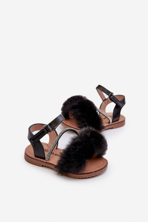 sandales Enfants avec attaches adhésives avec fourrure couleur noir Rosavere