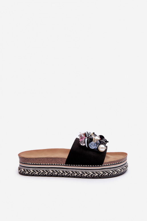 Tongs pour femmes à plateforme avec de beaux détails S.Barski HY077 couleur noir