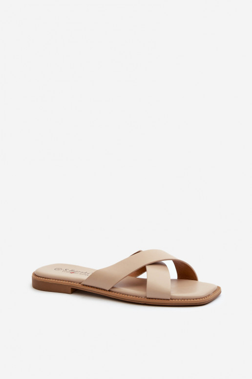 Chaussons pour femmes à talons larges en cuir écologique S.Barski KV27-002 beige Chaussons pour femmes à talons larges en cuir écologique S.Barski KV27-002 beige