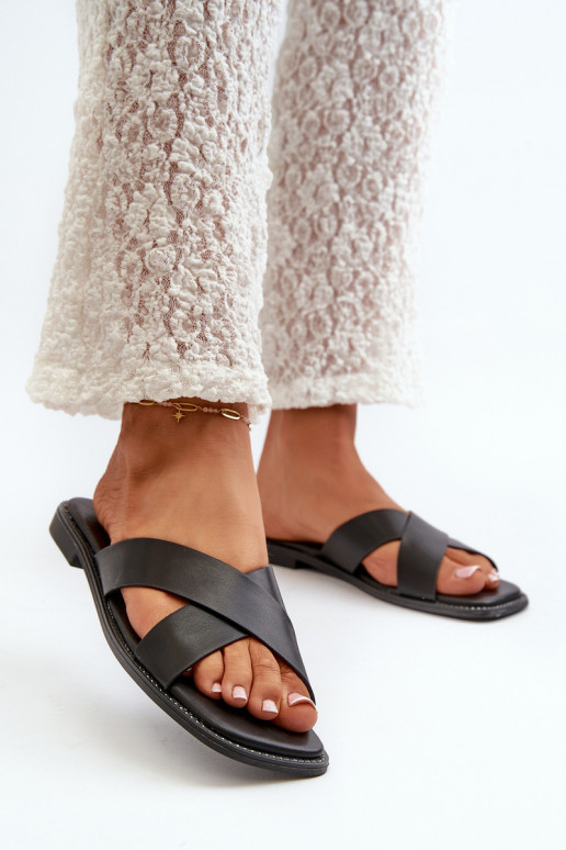 Chaussons pour femmes à talons larges en cuir écologique S.Barski KV27-002 couleur noir