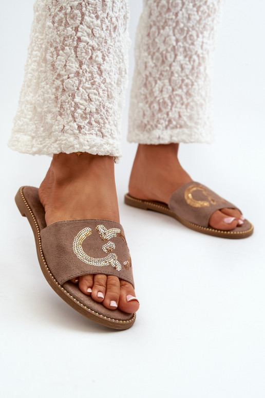 Chaussons plats pour femmes à écailles brillantes S.Barski KV27-052 couleur marron