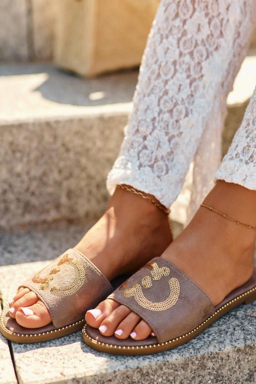 Chaussons plats pour femmes à écailles brillantes S.Barski KV27-052 couleur marron Chaussons plats pour femmes à écailles brillantes S.Barski KV27-052 couleur marron