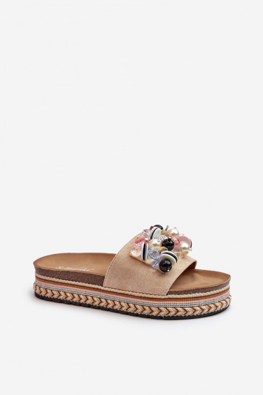 Tongs femme à plateforme avec de beaux détails S.Barski HY077 beige