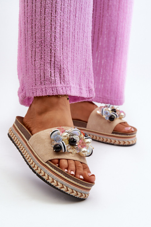Tongs femme à plateforme avec de beaux détails S.Barski HY077 beige