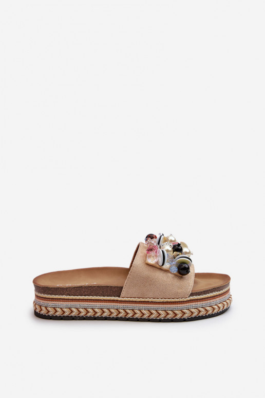 Tongs femme à plateforme avec de beaux détails S.Barski HY077 beige