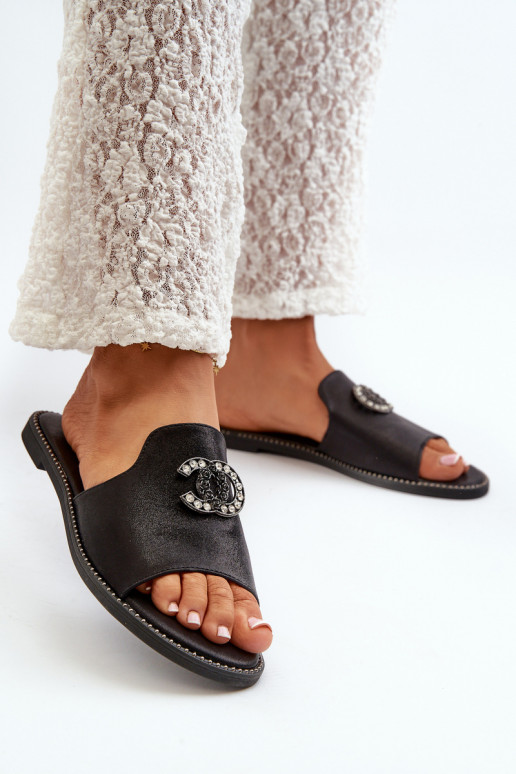 Chaussons pour femmes de style élégant avec brillance avec ornements S.Barski KV27-050 couleur noire