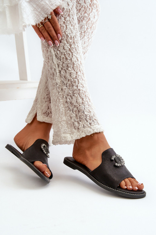 Chaussons pour femmes de style élégant avec brillance avec ornements S.Barski KV27-050 couleur noire Chaussons pour femmes de style élégant avec brillance avec ornements S.Barski KV27-050 couleur noire