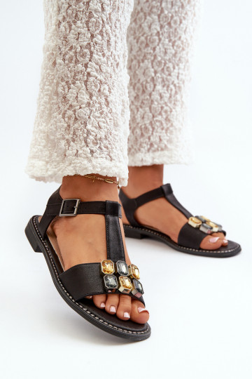 Style élégant Sandales pour femmes Avec détails ornés S.Barski KV27-030 couleur noire