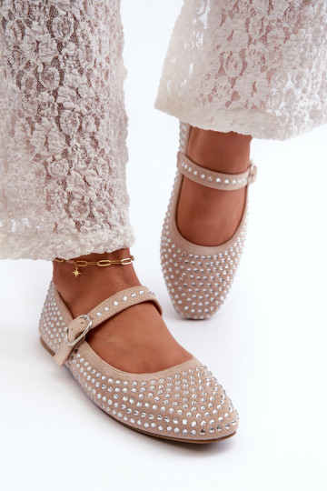 Ballerines en daim synthétique couleur sable ornées de cristaux de Swarovski Tinara