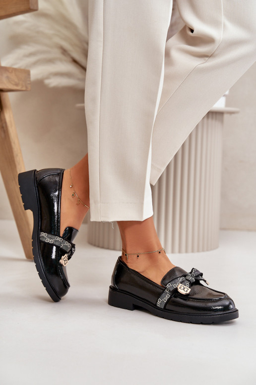 avec effet vernis Féminin Mocassins avec des rubans S.Barski HY42-331A couleur noire