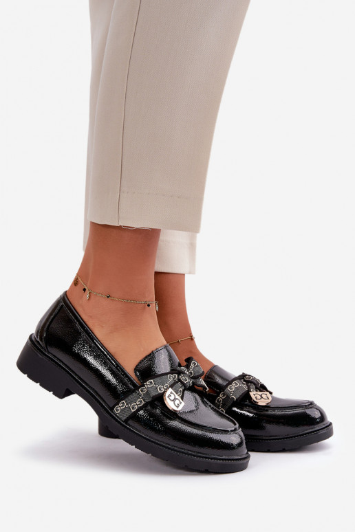 avec effet vernis Féminin Mocassins avec des rubans S.Barski HY42-331A couleur noire