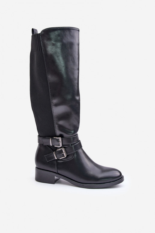 bottes pour femmes Contre la route avec des talons larges avec boucles couleur noire Lotina bottes pour femmes Contre la route avec des talons larges avec boucles couleur noire Lotina