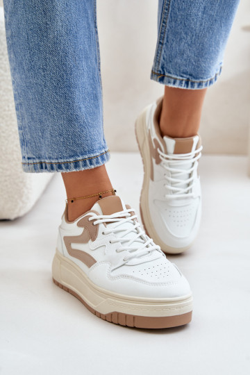 Chaussures modèle Sneakers pour femme en cuir écologique avec plateforme de couleur Blanc-sable Henizore 2