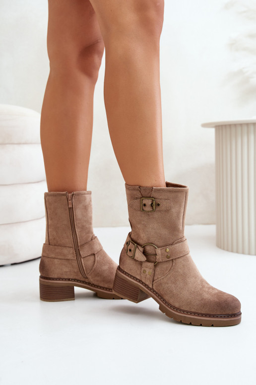 Bottes pour femmes Sur un talon bas avec boucles beige Zudra Bottes pour femmes Sur un talon bas avec boucles beige Zudra