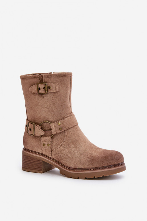 Bottes pour femmes Sur un talon bas avec boucles beige Zudra Bottes pour femmes Sur un talon bas avec boucles beige Zudra