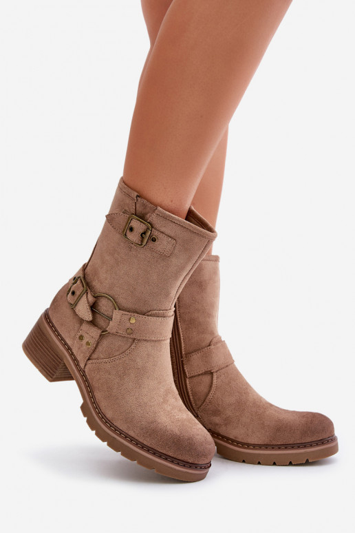 Bottes pour femmes Sur un talon bas avec boucles beige Zudra Bottes pour femmes Sur un talon bas avec boucles beige Zudra