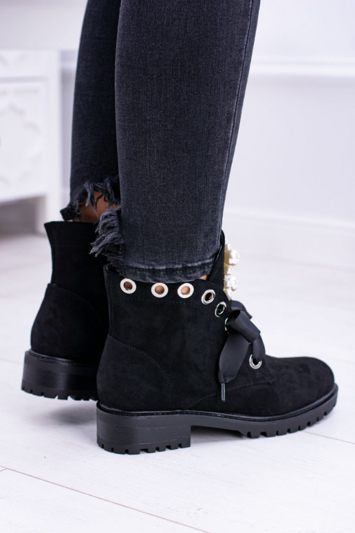 en daim réchauffer Bottes avec perles artificielles et ruban couleur noire Perla en daim réchauffer Bottes avec perles artificielles et ruban couleur noire Perla