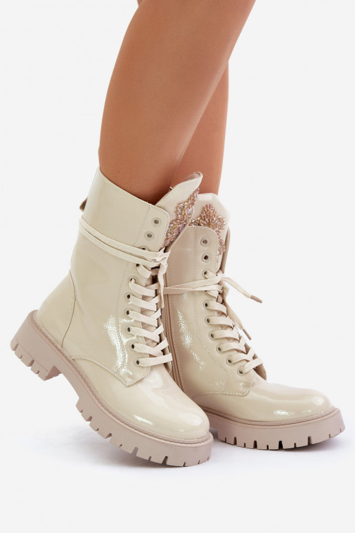 avec effet vernis réchauffer Bottines de travail avec des ornements beige Kelilea avec effet vernis réchauffer Bottines de travail avec des ornements beige Kelilea