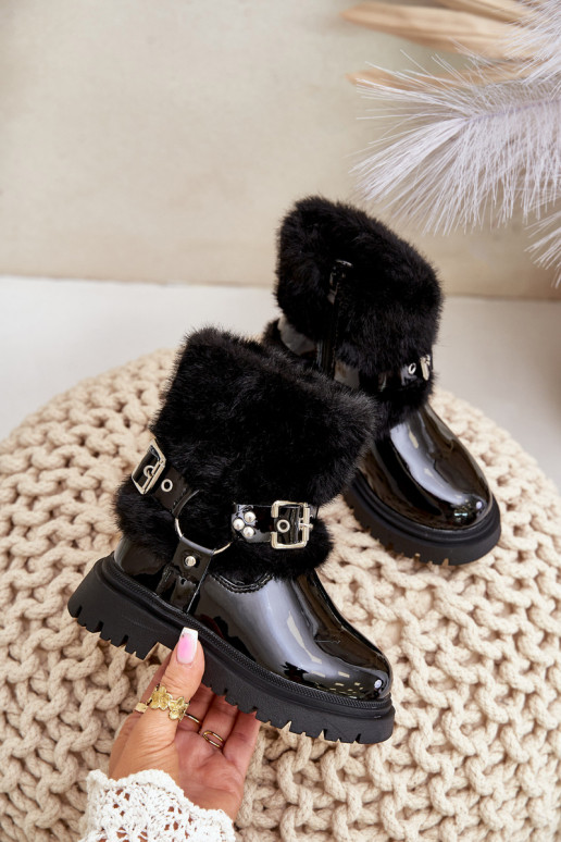 avec effet vernis Bottes Puéril avec un manteau de fourrure I avec bouclesmi couleur noire Cartemes avec effet vernis Bottes Puéril avec un manteau de fourrure I avec bouclesmi couleur noire Cartemes
