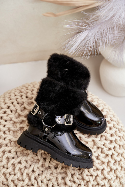 avec effet vernis Bottes Puéril avec un manteau de fourrure I avec bouclesmi couleur noire Cartemes avec effet vernis Bottes Puéril avec un manteau de fourrure I avec bouclesmi couleur noire Cartemes