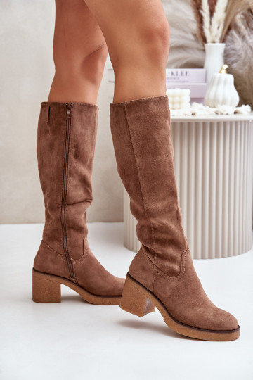Bottes fourrées à talons en daim écologique de couleur marron Leamirael 2
